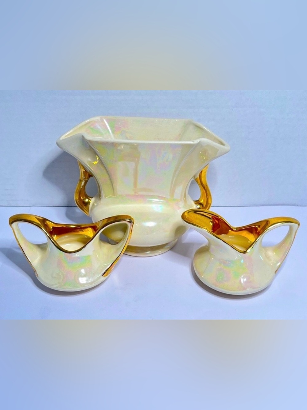 Vintage Pearl China Co. 3-Piece Lusterware Console Set 22K Gold Trim USA